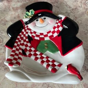 NIB~Fitz And Floyd Holly Jolly Snowman Canapé Ceramic Plate
